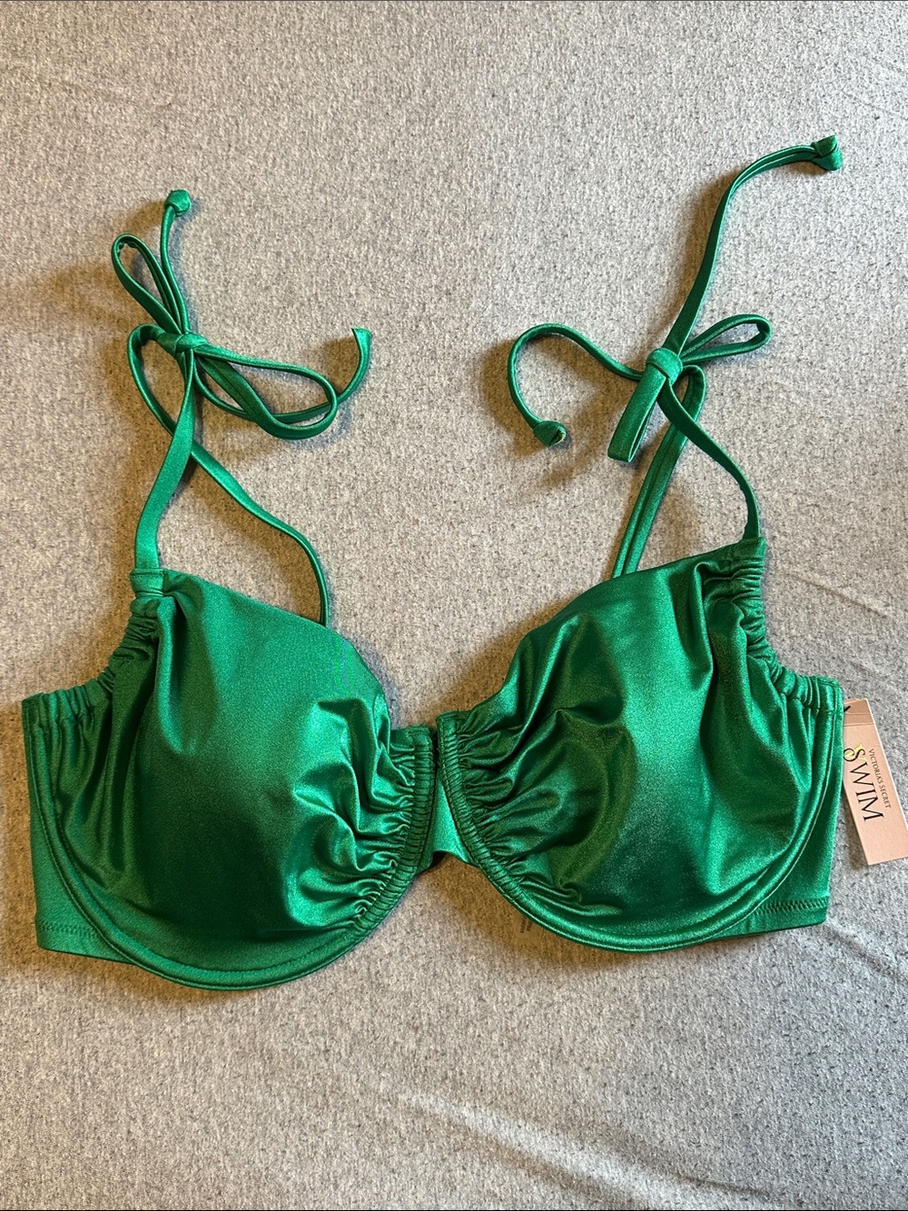 Victoria's Secret Tie-Shoulder Underwire Bikini Top, Emerald Metallic, Sz 38DDD - Picture 2 of 10